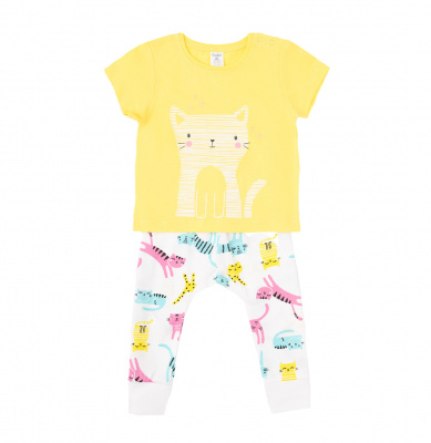 Футболка + брюки для девочки Crockid желтый+цветные котята