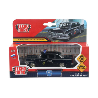 Машина металл ГАЗ ЧАЙКА 11,5 см, двери, инерц, черн, кор. Технопарк в кор.3*36шт