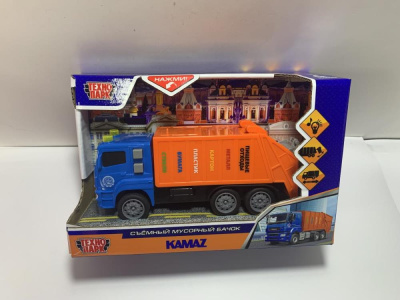 Машина пластик свет-звук KAMAZ МУСОРОВОЗ 17 см, бачок, инерц, син, кор. Технопарк 