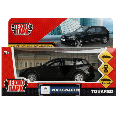 Машина металл VOLKSWAGEN TOUAREG 12 см, двери, багаж, инерц, черный , кор. Технопарк 