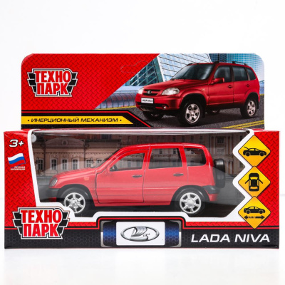 Машина металл LADA NIVA длина 12 см, двери, багаж, инерц, красный, кор. Технопарк 