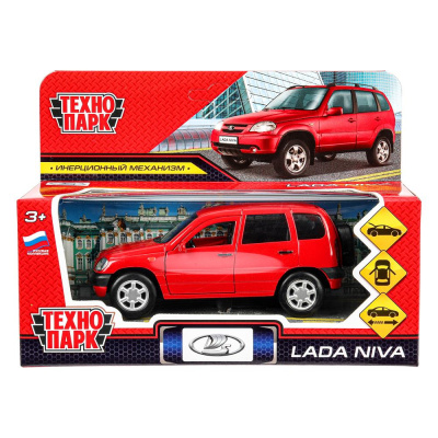 Машина металл LADA NIVA длина 12 см, двери, багаж, инерц, красный, кор. Технопарк