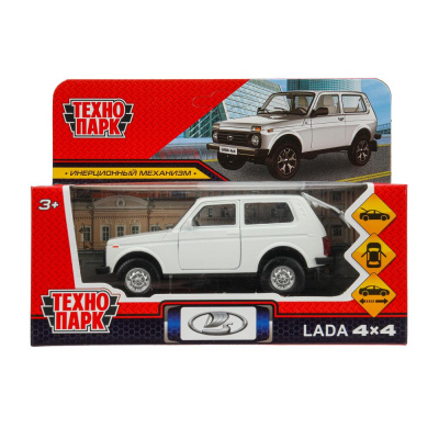 Машина металл LADA 4x4 длина 12 см, двери, багаж, инерц, белый, кор. Технопарк 