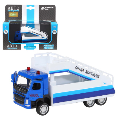 Машинка металл., VOLVO FM "Пассажирский трап", масштаб 1:72, цвет синий, открываются двери, инерция,