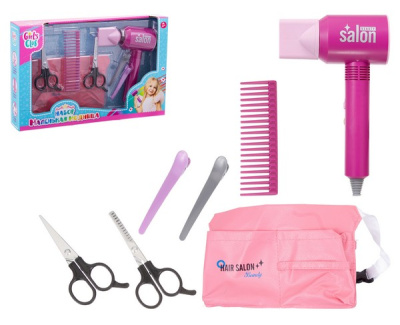 Набор "Модница "Girl's club" в комплекте: ножницы, зажимы, расческа, сумочка, фен дует воздухом, в/к
