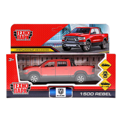 Машина металл DODGE RAM 1500 REBEL 13 см, двери, багаж, инер, красный, кор. Технопарк 