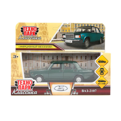 Машина металл ваз-2107 длина 12 см, двери, багаж, инерц, темно-зеленый, кор. Технопарк 