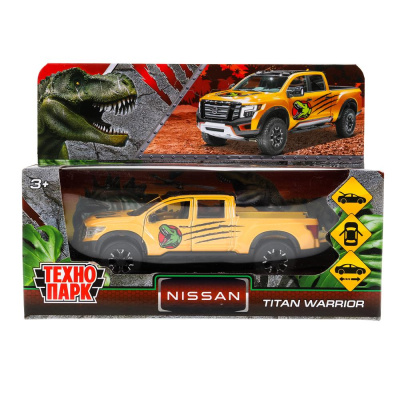 Машина металл NISSAN TITAN ДИНОЗАВРЫ 12,5 см, двери, баг, инер, желтый, кор. Технопарк 