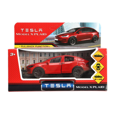 Машина металл tesla model x plaid 12 см, двери, красн, кор. Технопарк