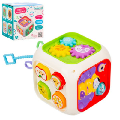 Центр развивающий Elefantino "Умный куб" 6в1, резиночки с разной текстурой, шестерёнки, сортер, лаби