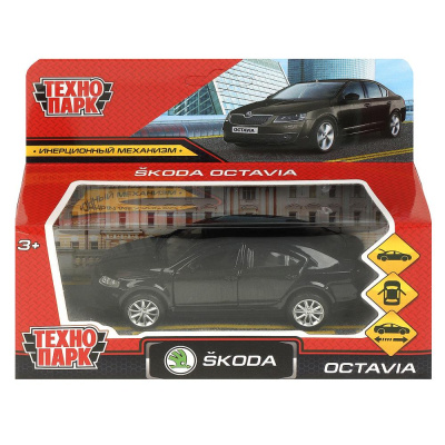 Машина металл SKODA OCTAVIA 12 см, двери, багаж, инерц. черный  кор. Технопарк 