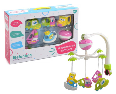 Музыкальная карусель "Elefantino"на бат. 20 нежных мелодий, 5 игрушек, возможность крепления на кров