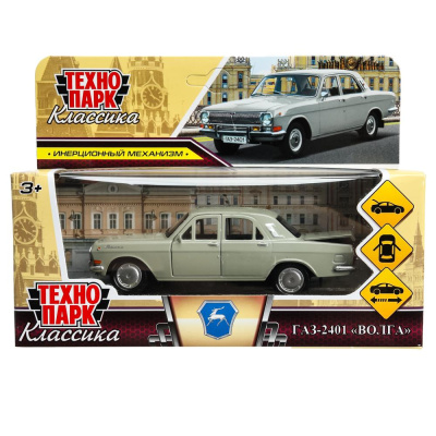 Машина металл ГАЗ-2401 ВОЛГА длина 12 см, двери, багаж, инерц, серый, кор. Технопарк 