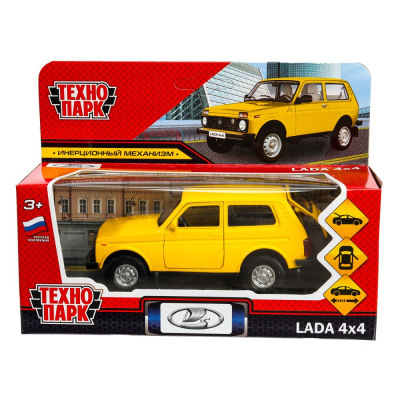 Машина металл LADA 4x4 12 см, двери, багаж, инерц,  желтый, кор. Технопарк 