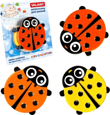 VAL K6-3885 Мини-коврик для ванной комнаты БОЖЬЯ КОРОВКА (на присосах), набор 6 шт.