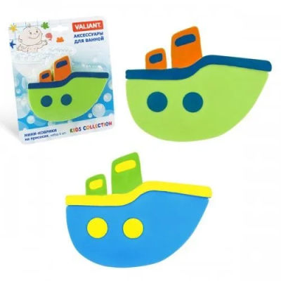 VAL K6-9951 Мини-коврик для ванной комнаты КОРАБЛИКИ (на присосах), набор 6 шт., зелёный+голубой