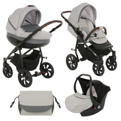 Коляска 3 в1 NANNI TUTIS люлька-пер+ короб+прогулка Кожа Серый+Тем.серый /Чер рама/Гель.колеса