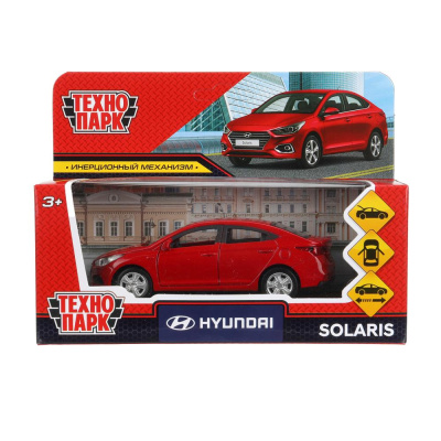 395088 Машина металл HYUNDAI SOLARIS длина 12 см, двер, багаж, инерц, красный, кор. Технопарк в кор.