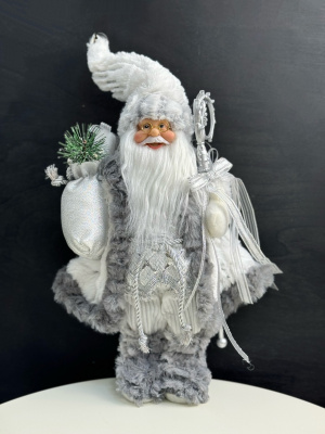 Дед Мороз MAXITOYS в Длинной Серебряной Шубке с Посохом и Подарками 30 см