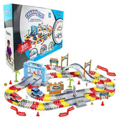 Гибкий трек "Гонки" 237 дет, мост 2 уровня с кнопкой, финишные ворота, монитор.трансл.,софиты, 