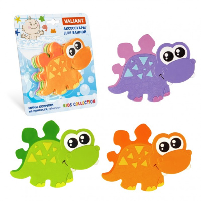 VAL K6-3895 Мини-коврик для ванной комнаты ДИНОЗУБРИК (на присосах), набор 6 шт.