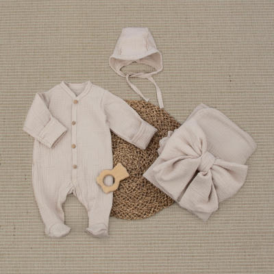 Комплект на выписку 4 предмета KiDi Муслин Плед бежевый лето