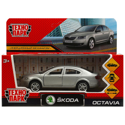 Машина металл SKODA OCTAVIA 12 см, двери, багаж, инерц. серебристый  кор. Технопарк 