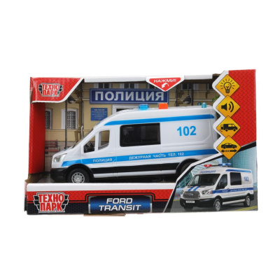 395027 Машина пластик свет-звук FORD TRANSIT ПОЛИЦИЯ 16 см, двери, 3 кнопки, кор. Технопарк в кор.2*