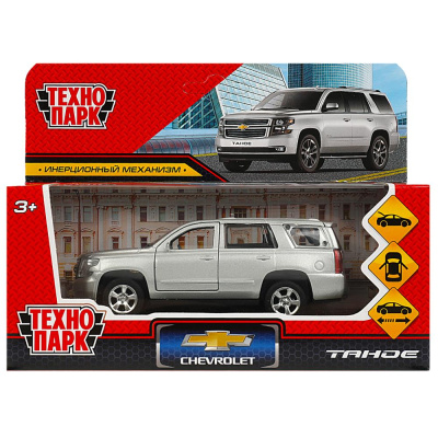 Машина металл CHEVROLET TAHOE 12 см, двери, багаж, инерц, серебристый , кор. Технопарк 