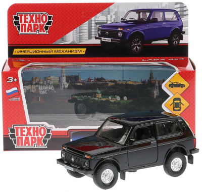 Машина металл LADA 4x4 длина 12 см, двери, багаж, инерц, черный, кор. Технопарк 