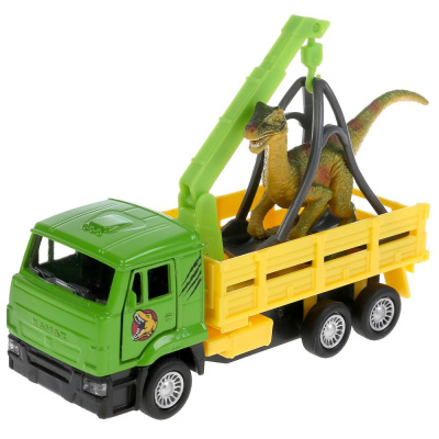 Машина металл KAMAZ ЭВАКУАТОР, 12 см, двери, инерция+ динозавр 9 см, в коробке,Технопарк 