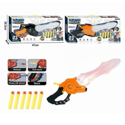 Меч, стреляющий мягкими патронами, световые эффекты, 6 софт-патронов с присосками, 2 цвета в ассорти