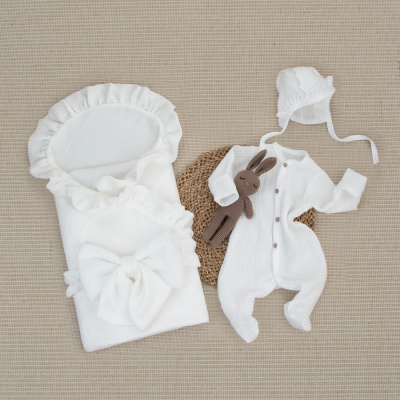 Комплект на выписку 4 предмета KiDi Муслин Рюша Плед молоко лето