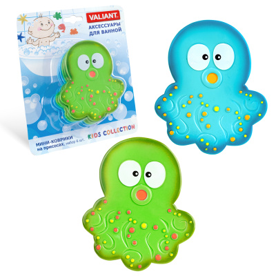 VAL K6-9924 Мини-коврик для ванной комнаты ОСЬМИНОЖЕК (на присосах), набор 6 шт., бирюзовый+зелёный