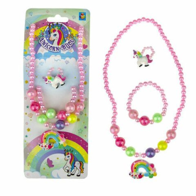 1TOY наб.украш."Unicorn Bijou" 3предм.светл.роз.бусы радуга,браслет,колечко единорог 