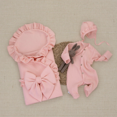 Комплект на выписку 4 предмета KiDi Муслин Рюша Плед коралл лето