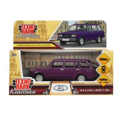 Машина металл ВАЗ-2104 ЖИГУЛИ 12 см, двери, багаж, инерц, баклажан, кор. Технопарк 