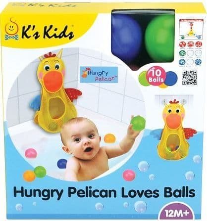 Голодный пеликан с мячиками