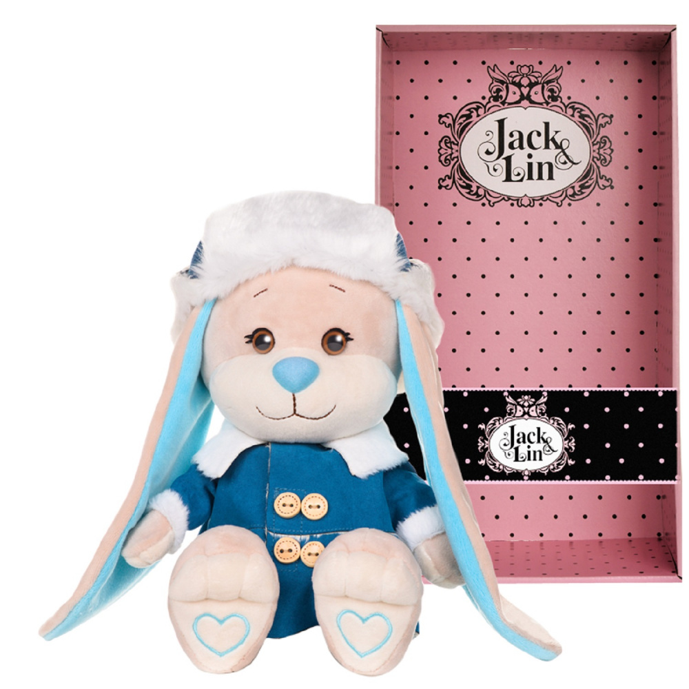 Зайчик Жак в синей дубленке и шапке-ушанке Jack&Lin 25 см 