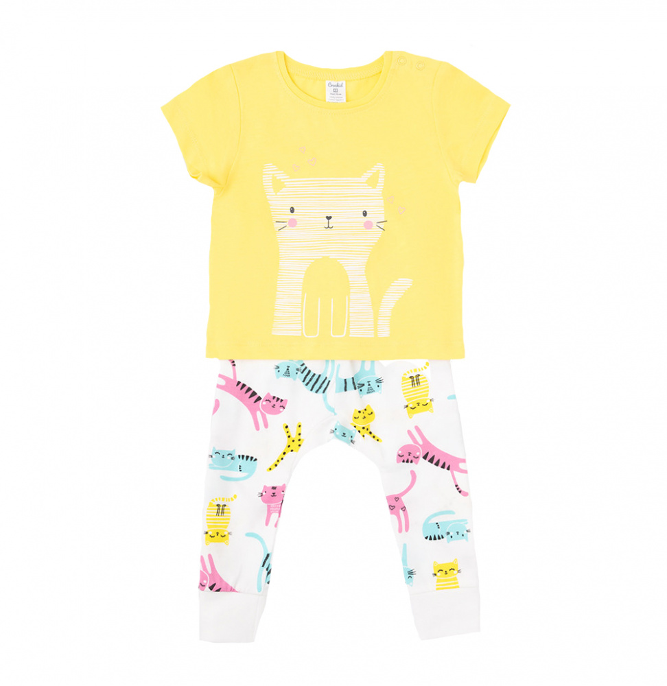 Футболка + брюки для девочки Crockid желтый+цветные котята